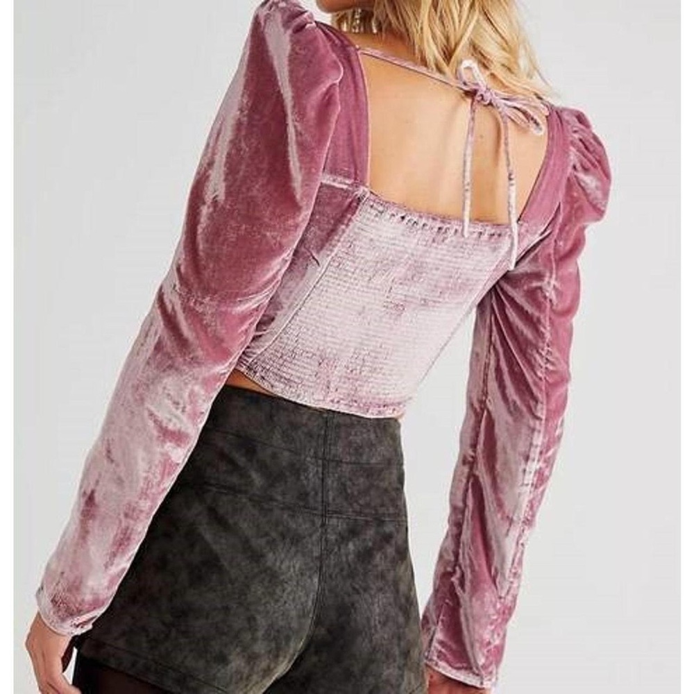 Free People Pink Velvet Bridgette Puff Sleeve Sweetheart Top M - Picture 2 of 6